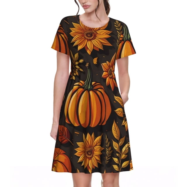 Fotbe Autumn Pumpkin Leaves Vestido Largo de Moda para Mujer, Vestido Tipo Camiseta con Manga Corta y Estilo Casual a Rayas y Bloques de Color