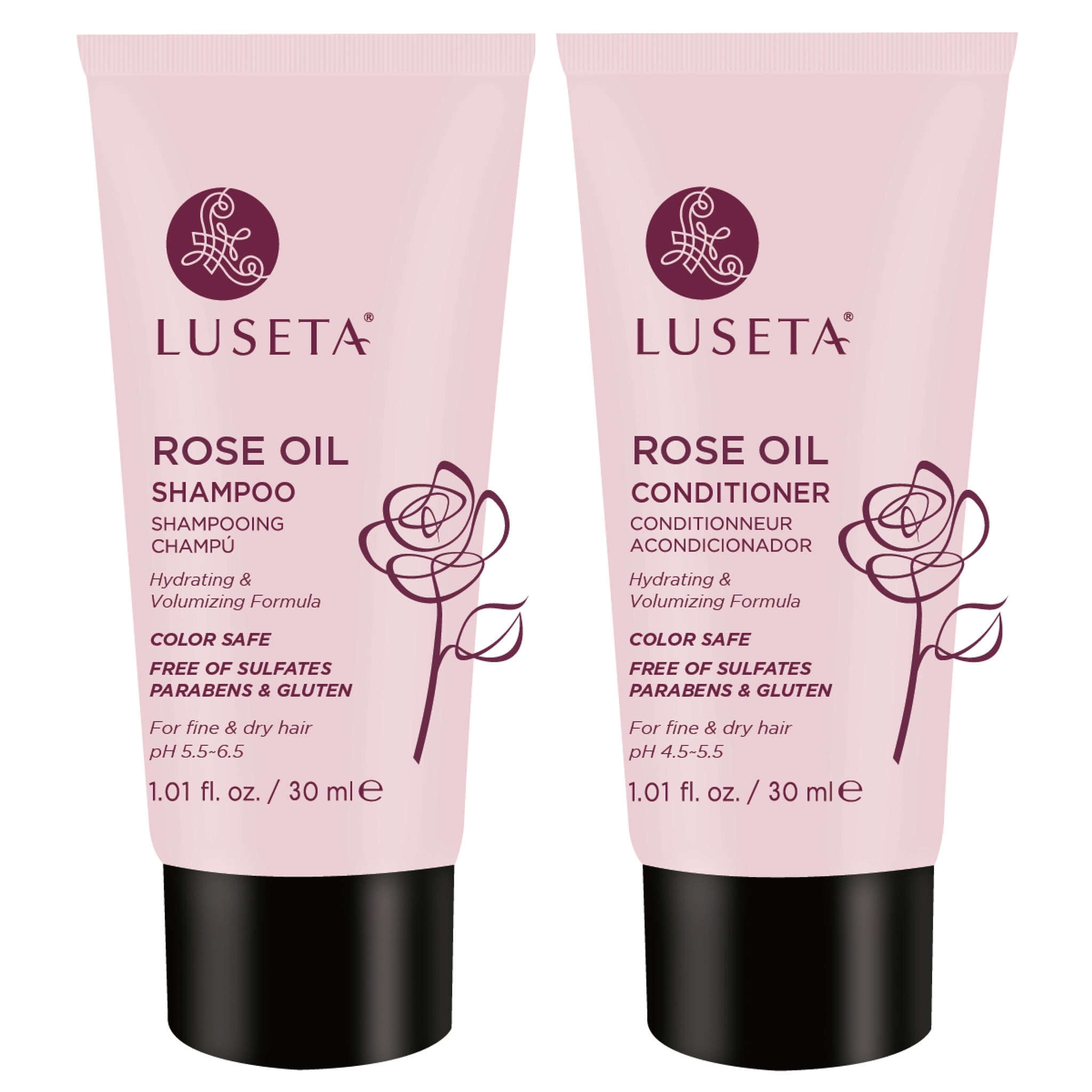 Luseta Rose Oil Shampoo and Conditioner Travel Set 2 x 1.01oz for Fine