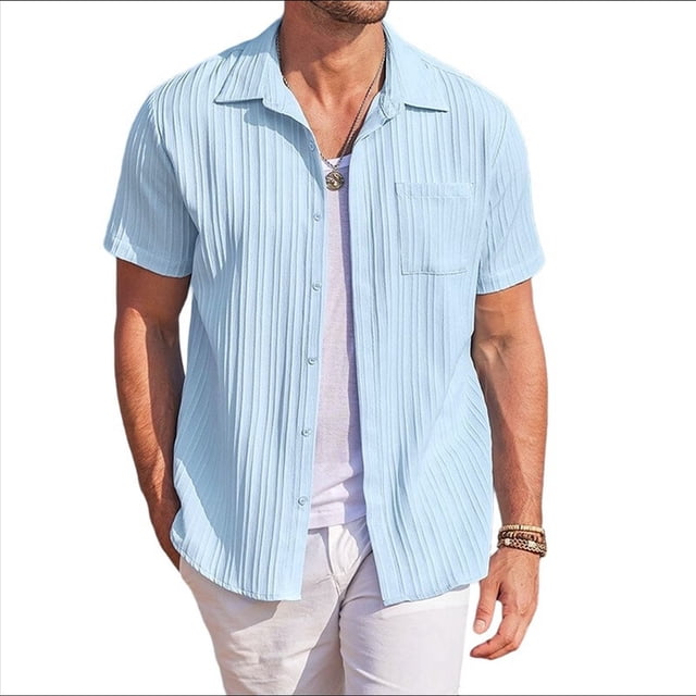 Camisas Casuales de Corta con Botones para Hombre, con Textura, para Playa y Verano, con Bolsillo Azul XL