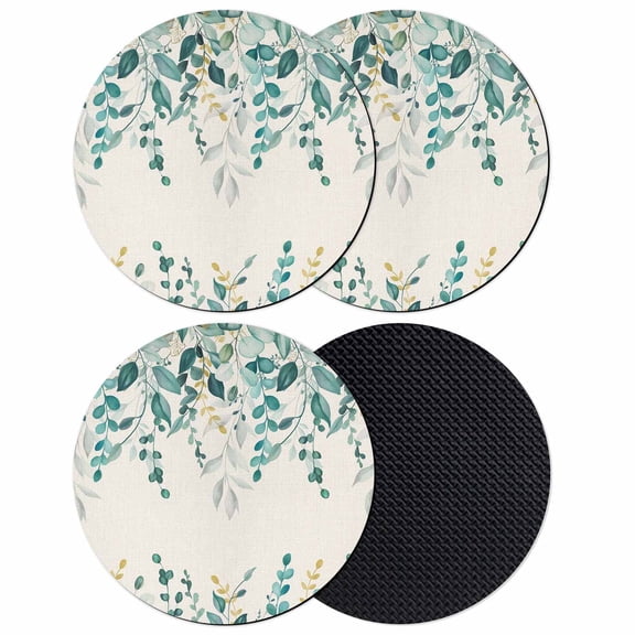 Teal Green Eucalyptus Coasters Set of 4, Absorbent Coasters for Drinks, Farmhouse Weeping Leaves Linen Coaster for Desk Coffee Table Protection, Home Decor House Warming Gifts 4"