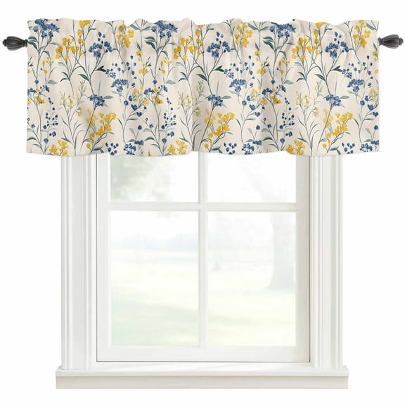 Yellow Blue Flowers Kitchen Valances for Windows, Watercolor Botanical Floral Plants Bathroom Window Valances 54x18 Inch Rod Pocket Window Treatments Valance Curtains for Living Room Bedroom Decor