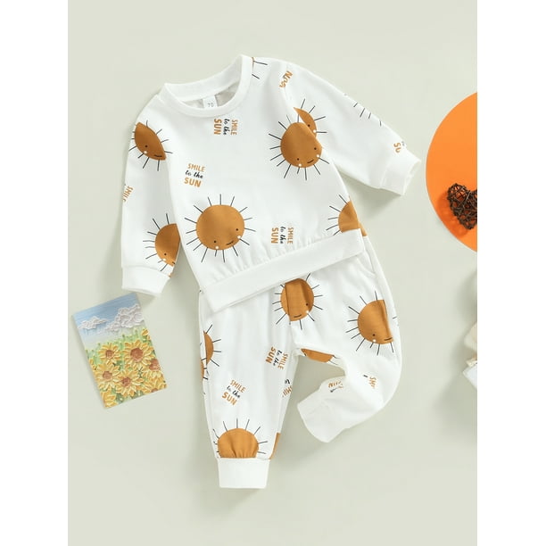 Wifornt Newborn Baby 2pcs Spring Outfits Long Sleeve Sun Print Sweatshirt And Pocket Pants Set White