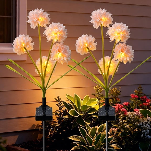 Rirool Solar Pink Hydrangea Flower Stake Lights, 3-Head Warm White LED Outdoor Waterproof Garden Pathway Lights for Yard Lawn Patio, Romantic Dusk-to-Dawn Landscape Decor, 2 Pack