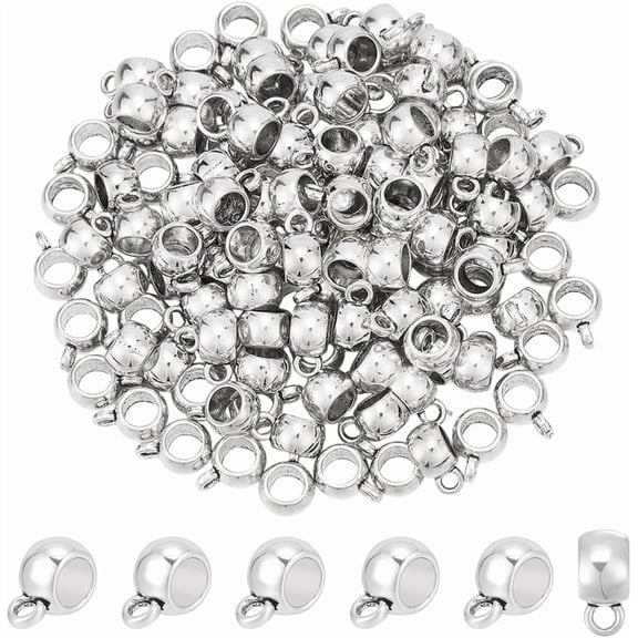 120Pcs Bail Beads Alloy Round Hanger Links Spacer Beads Hanging Connector Bails with Loop Silver Tube Bail for Jewelry Making Beads Accessories DIY Bracelet Necklace Craft