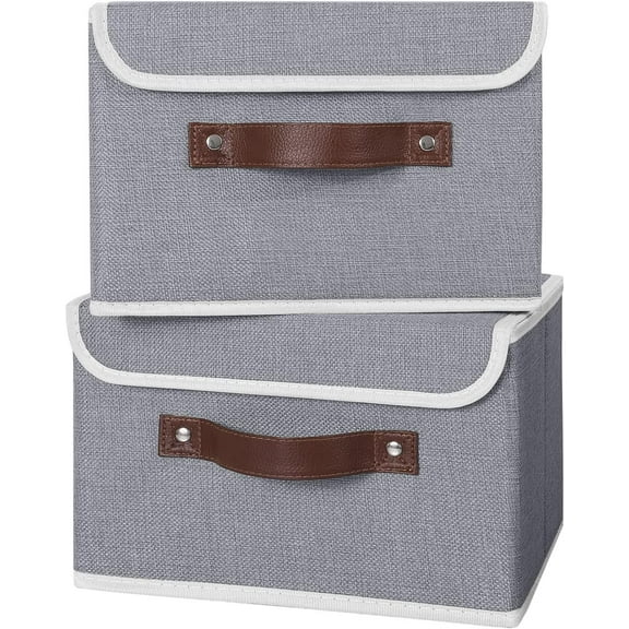 Storage Bin with Lid Storage Boxes with PU Leather Handles PP Plastic Board Decorative Foldable Lidded Cotton Linen Fabric Home Cubes Baskets Closet Organizer Container - Green, Small Size