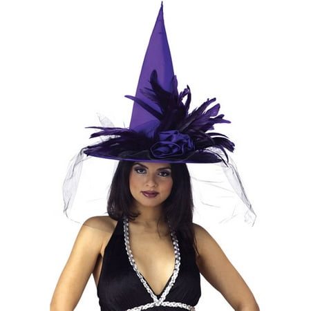 Halloween Purple Satin Witch Hat with Feathers