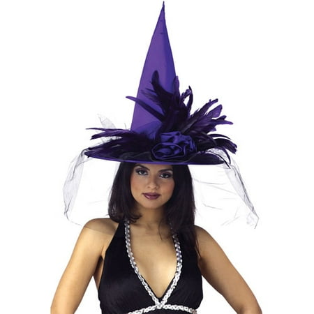 Purple Striped Witch Hat - Halloween Purple Satin Witch Hat with Feathers