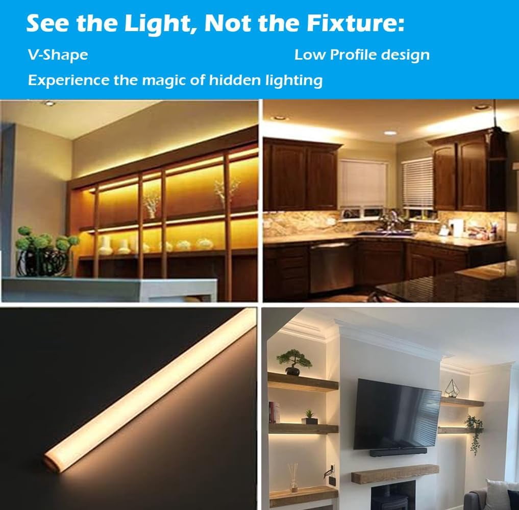 Cefrank V-Shape LED Cabinet Lights – 4 Pack 12-Inch Warm White 3000K Under Cabinet Lighting Kit, 1200 Lumens, Easy Install