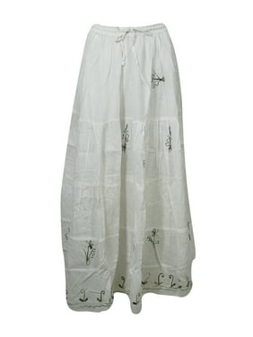 Mogul Maxi Long Skirt White Cotton Embroidered A-Line Gypsy Skirts