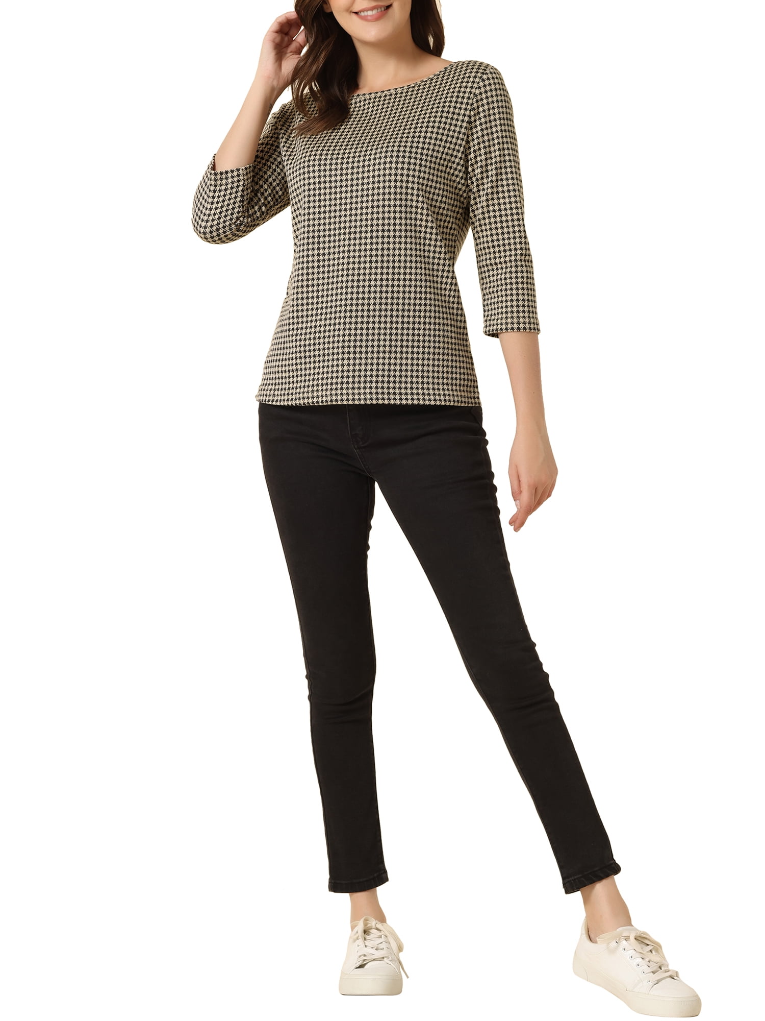 Unique Bargains Women's Work Office 3/4 Sleeve Boat Neck Houndstooth Top XL Black Khaki