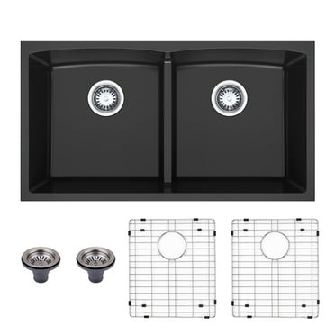 HIGOLD 33 inch Double Equal Bowl Quartz Kitchen Sink in Black, Undermount Farmhouse Sink, 33"×18"×9"