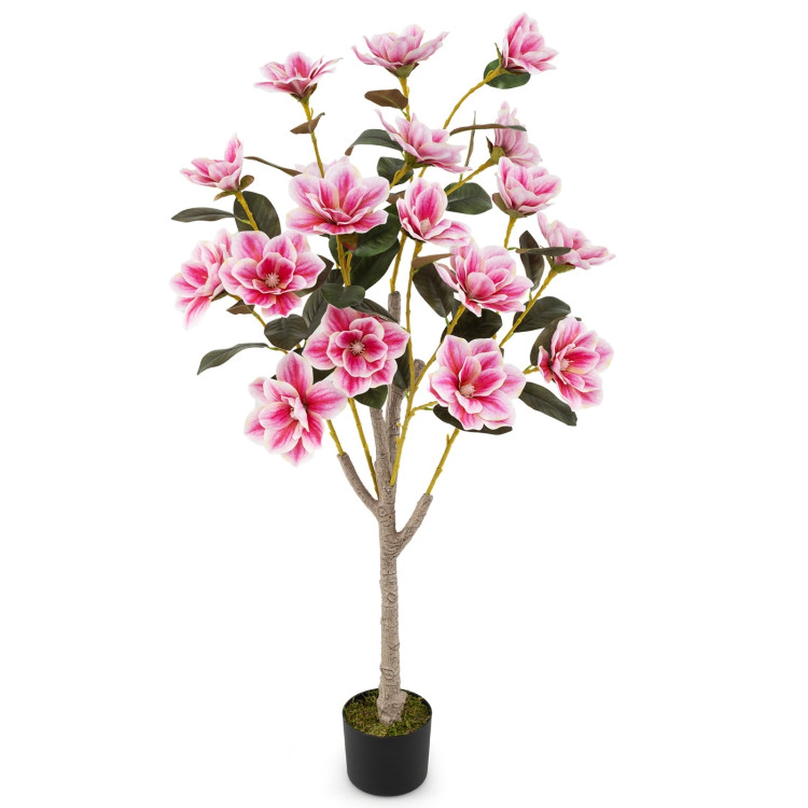 Vebreda 51 in Artificial Magnolia Tree, Faux Potted Flowering Plant with 18 PEVA Magnolia Blooms and Cement-Filled Pot, Indoor Home Office Wedding Decor, Pink