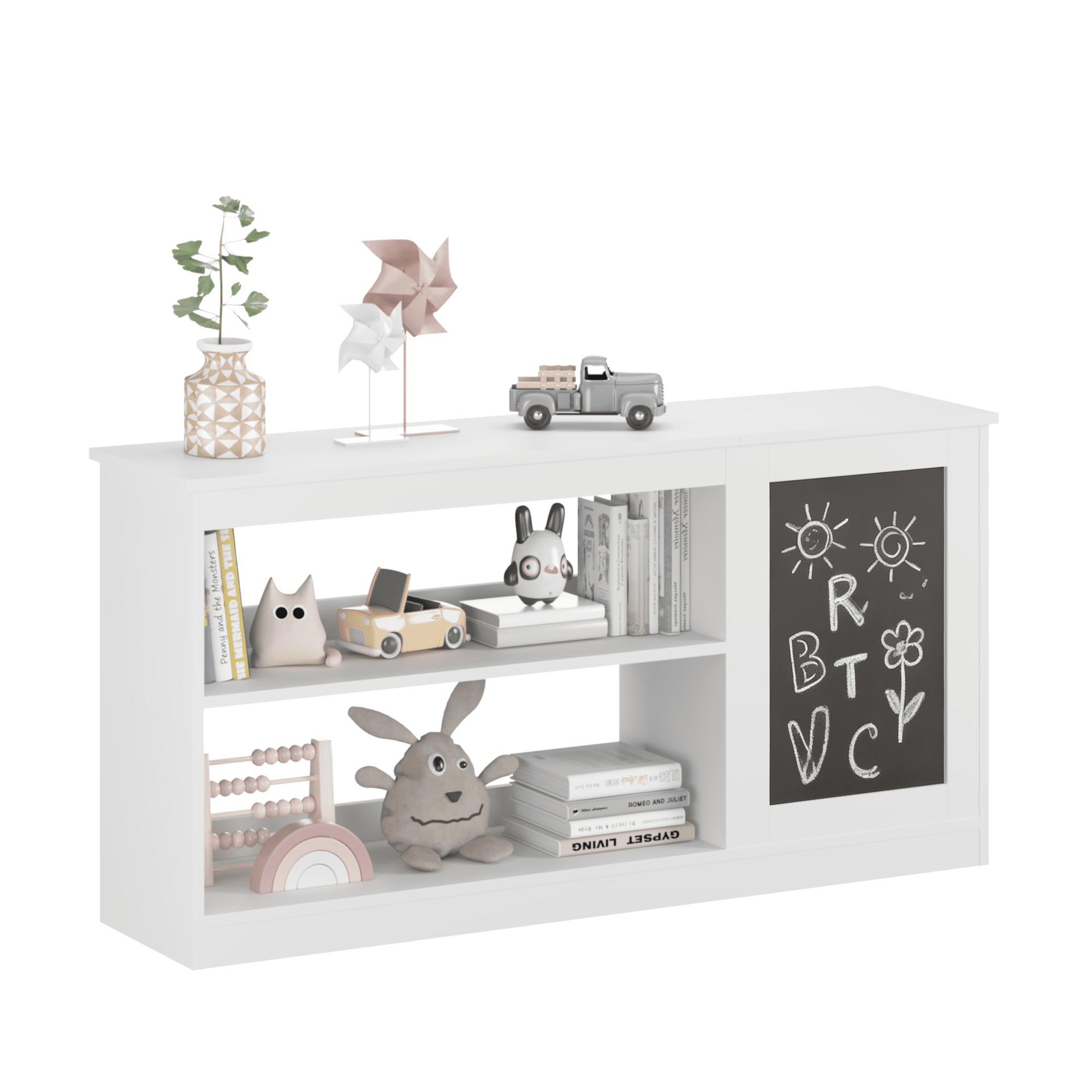 Yoneston 3-in-1 Kids Storage Cabinet with Chalkboard, Kids Bookshelf with 2 Open Shelves & Toy Bin for Bedroom Playroom, White