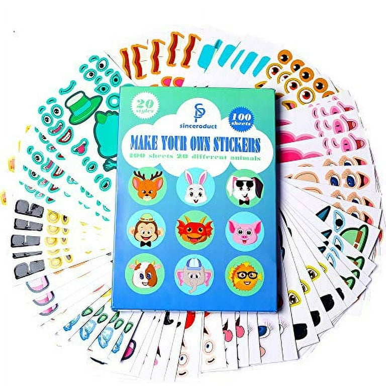 Sinceroduct Make Your Own Stickers for Kids Make-a-Face Stickers 100 Pack 20 Animals. Zoo Animals Sea Creature Dinosaur and More Gift of