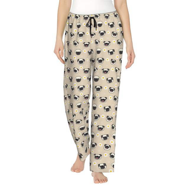 Balery Pug Dog Face Pantalones de pijama para mujer, pijamas ultraligeros, pantalones de estar por casa-Large
