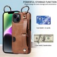 thumbnail image 3 of ShellTech for Ring Holder iPhone 15 Case , Shockproof Leather Hand Strap Kickstand Card Slot Case TPU Back Cover for iPhone 15,Brown, 3 of 9