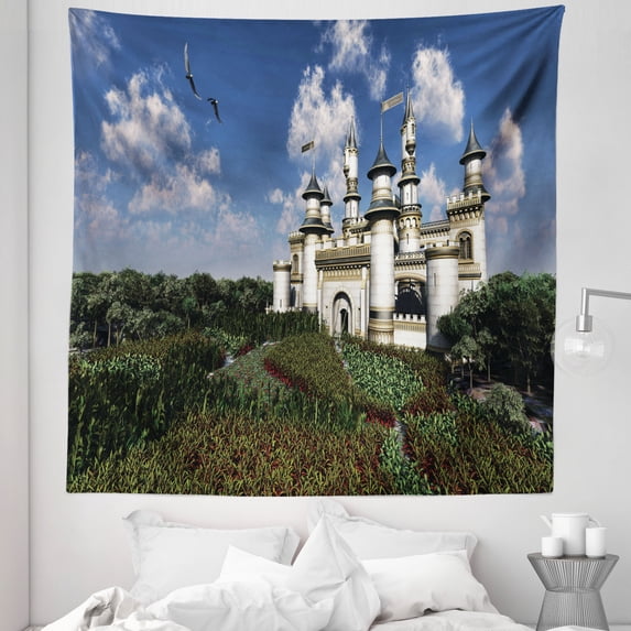 Cartoon Tapestry, 2 Bald Eagles Fly over the Magnificent Royal Castle Surrounded by Gardens, Fabric Wall Hanging Decor for Bedroom Living Room Dorm, 5 Sizes, Multicolor, by Ambesonne