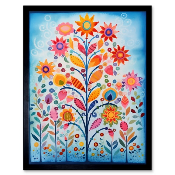 Blooming Flowering Plant Pattern Folk Art Watercolour Painting Art Print Framed Poster Wall Decor 12x16 inch