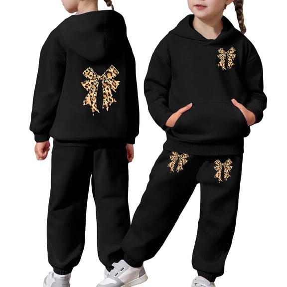Glisme Girls Outfit Thick And Cozy Tracksuit Fashionable Bow Print Hoodie And Joggers Outfits For Toddlers And Kids Lightweight Matching Set Size 2-3 Years Black