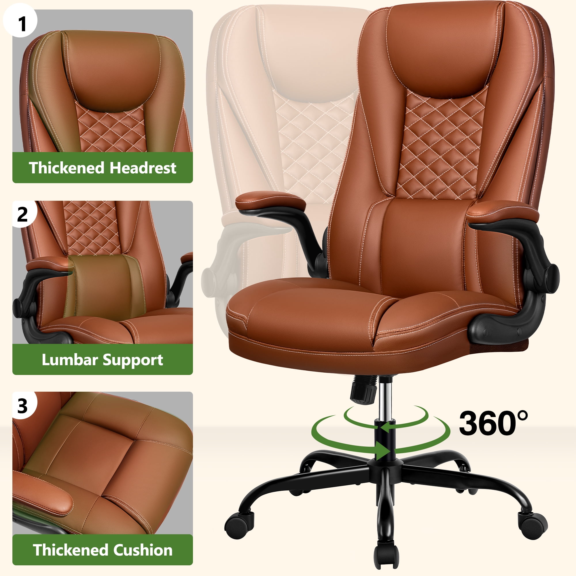 COOLHUT Big and Tall Office Chair, Executive Home Office Desk Chairs, Ergonomic Computer Faux Leather Desk Chair with Adjustable Flip-Up Arms, Lumbar Support Swivel Task Chair, Brown