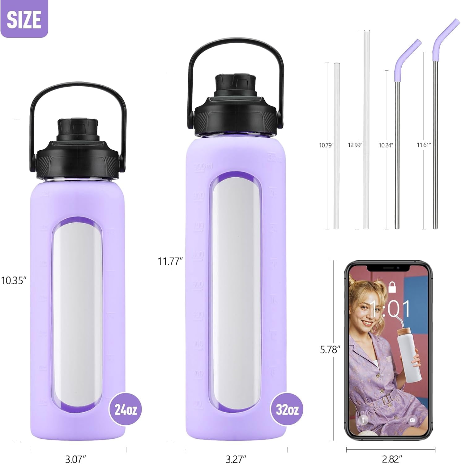 MUKOKO Glass Water Bottle, 24oz Sports Drinking Tumbler with Silicone Sleeve and Straw, 1 Cup 2 Lids, Purple