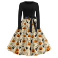 thumbnail image 2 of Women's Halloween Dress Ghost Pumpkin Crew Neck 1950s Cocktail Fall Tea Length Dress Long Sleeve Hepburn Retro Classic Dresses with Belt S, 2 of 5