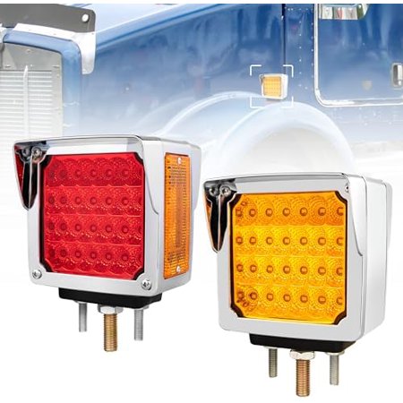 Truck Trailer Pedestal Light Turn Signal Marker Light Amber/Red Square Double Face 52 LEDs Three Stud Mount for Peterbilt Kenworth Freightliner Mack Western Star Fender Lamp