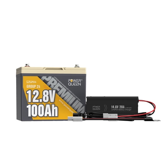 Power Queen 12V 100Ah Group 24 Lithium Battery with 14.6V 20A LiFePO4 Charger For RV Camper Trailer Vans