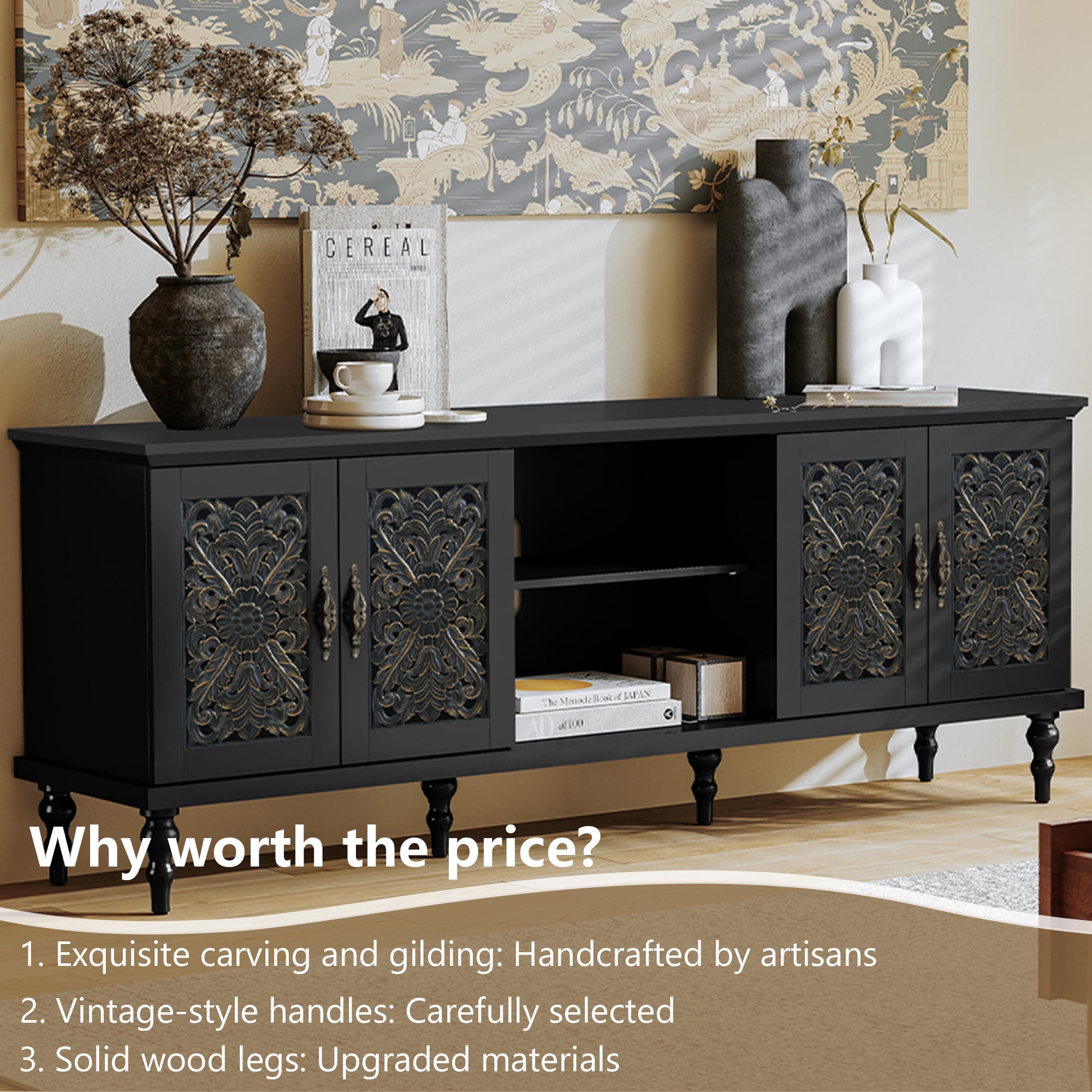 HLR Retro 67" TV Stand, for TVs up to 75", Living Room Entertainment Center with Carved Storage Cabinet, Black