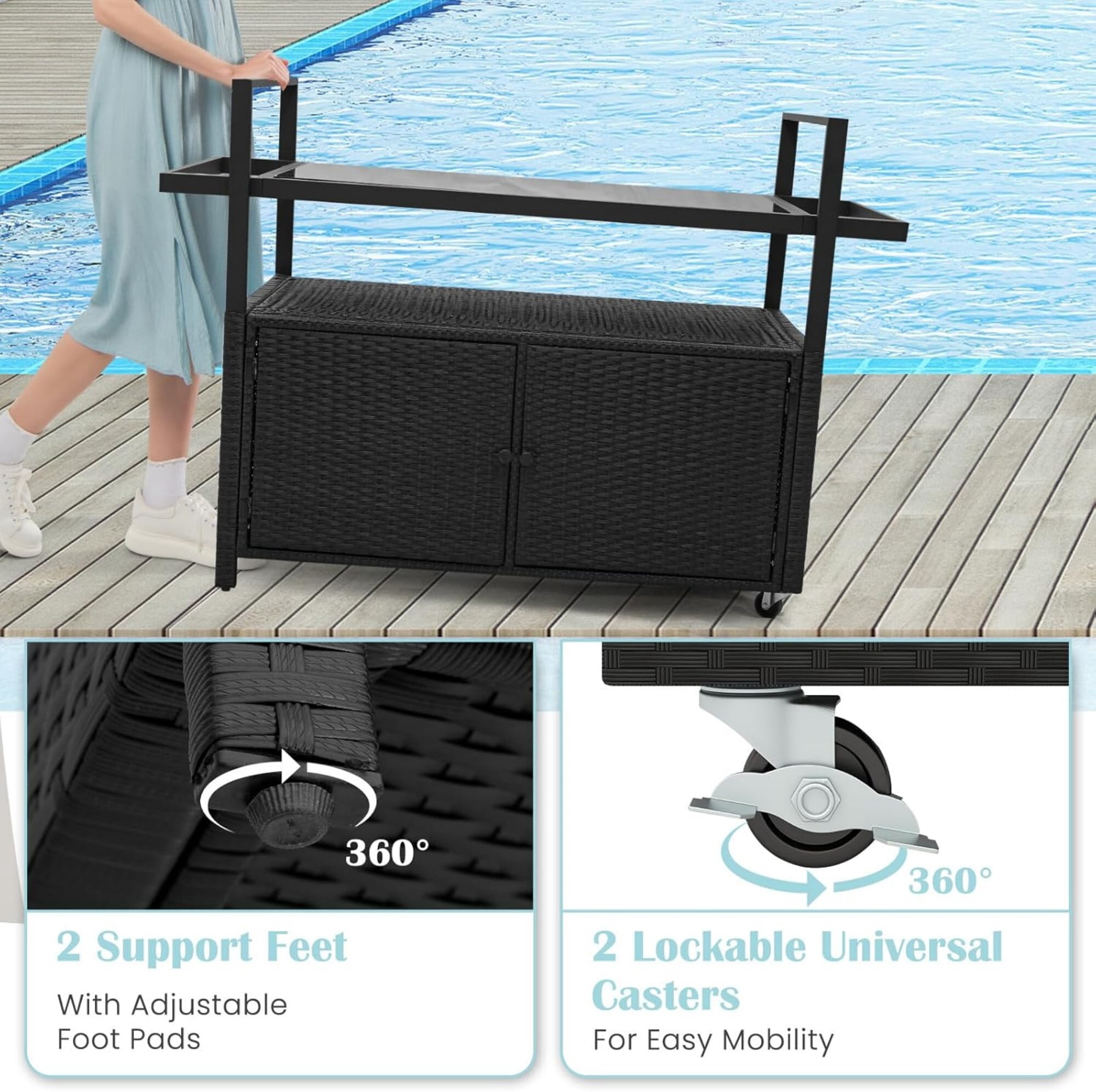 AENKYO Outdoor Bar Cart with Storage Cabinet, Glass Top, All-Weather Wicker Patio Serving Table with Wheels, Black