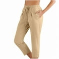 thumbnail image 2 of Feancey Women's Linen Capri Pants Pull On Straight Leg Cropped Pants Drawstring High Waisted Capris Loose Fit Lounge Pajama Bottoms with Pockets Khaki L, 2 of 5