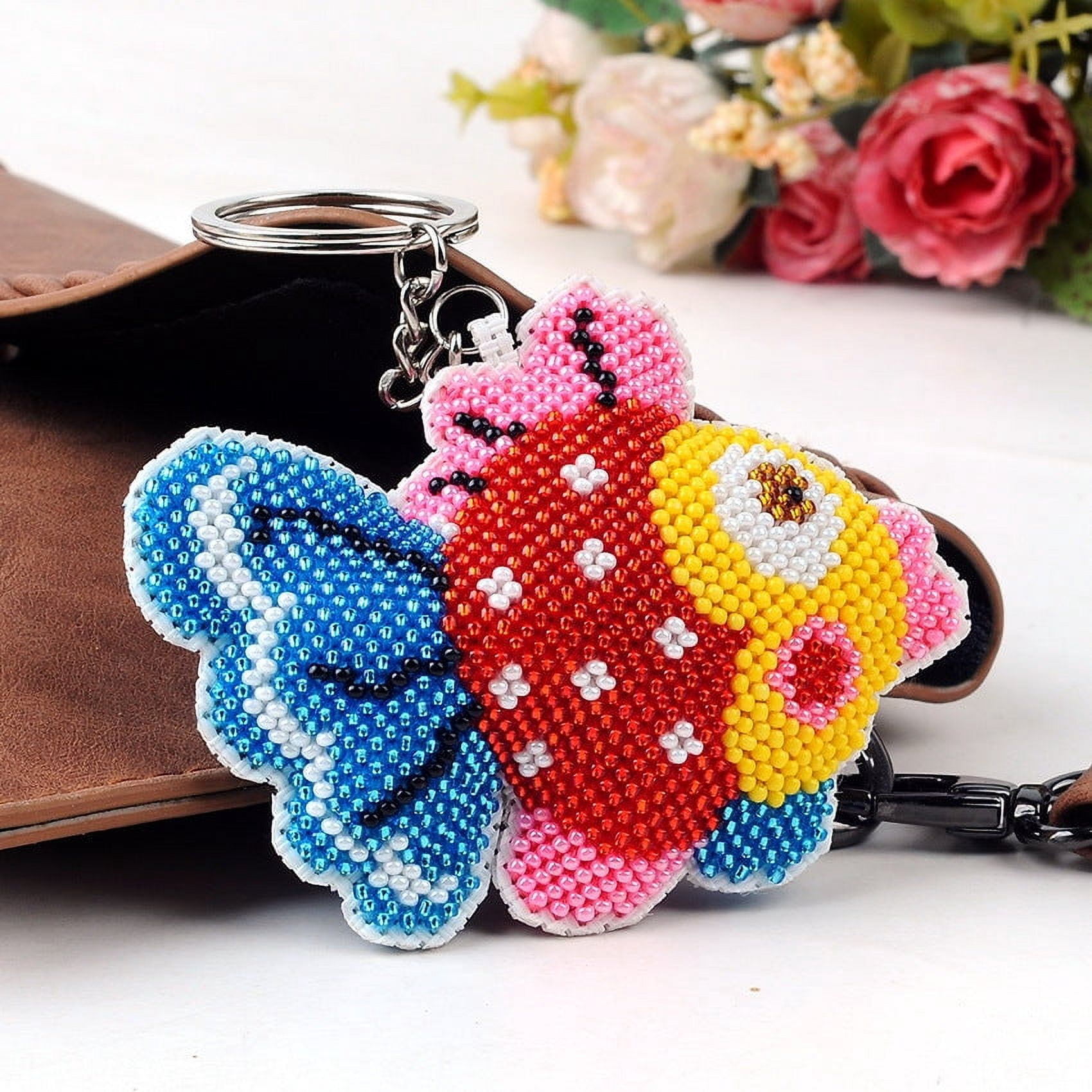 DIY Beaded Keychain Kit Handmade Fashion Accessory Embroidery Supplies with Beads Key Ring and Pattern for Decoration