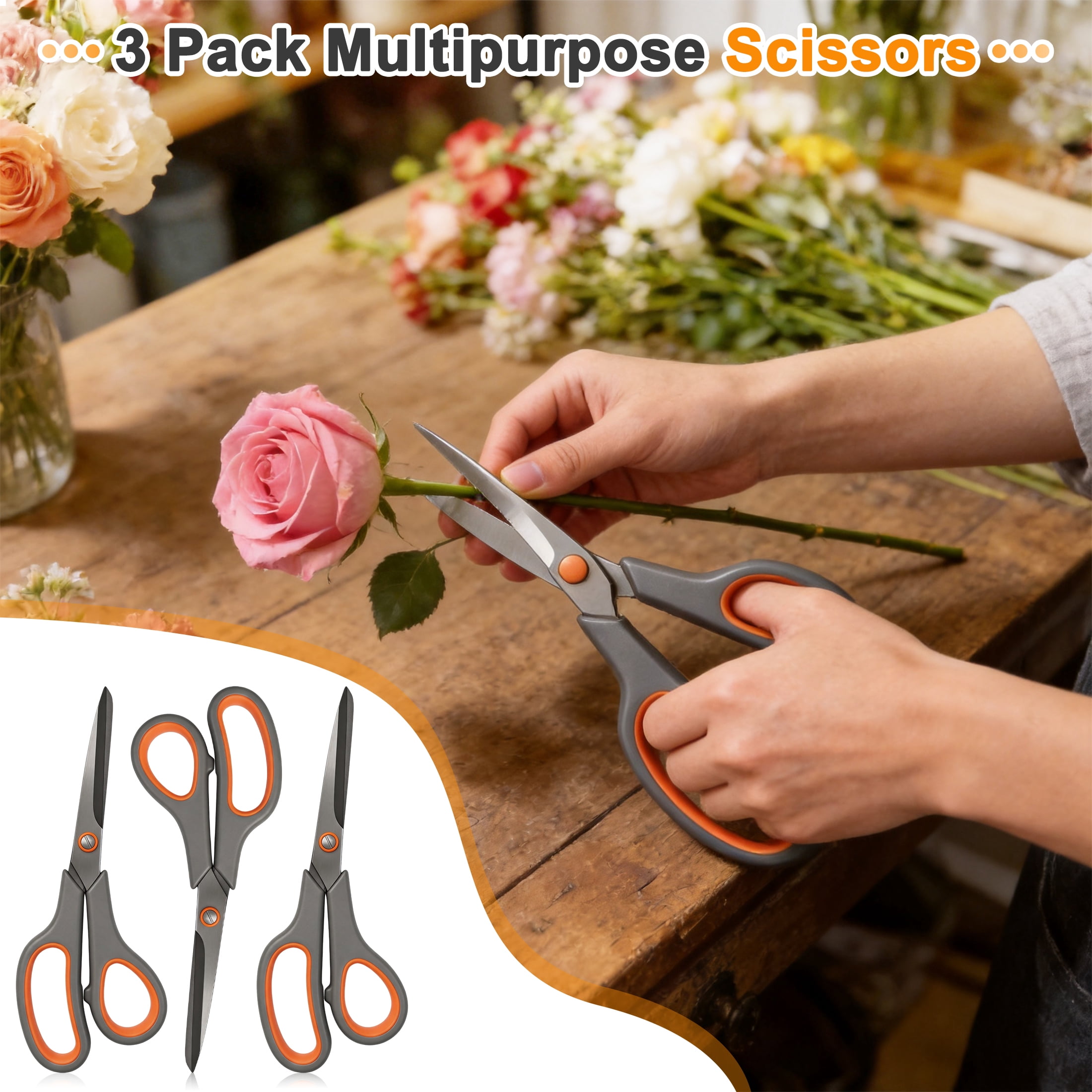 3 Pack Multipurpose Scissors, Multipurpose Stainless Steel Sharp Student&Office Scissor, Craft Scissors, Comfort‑Grip Hand Scissors for Office, School, Sewing, Home Use and Flower Trimming