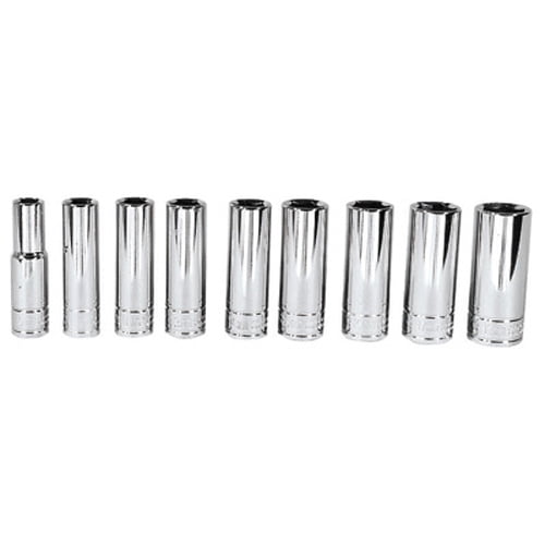 K Tool 27201 Chrome Socket Set, 3/8" Drive, 9 Piece, 6 Point, 10mm to 18mm, Shallow, on Clip Rail