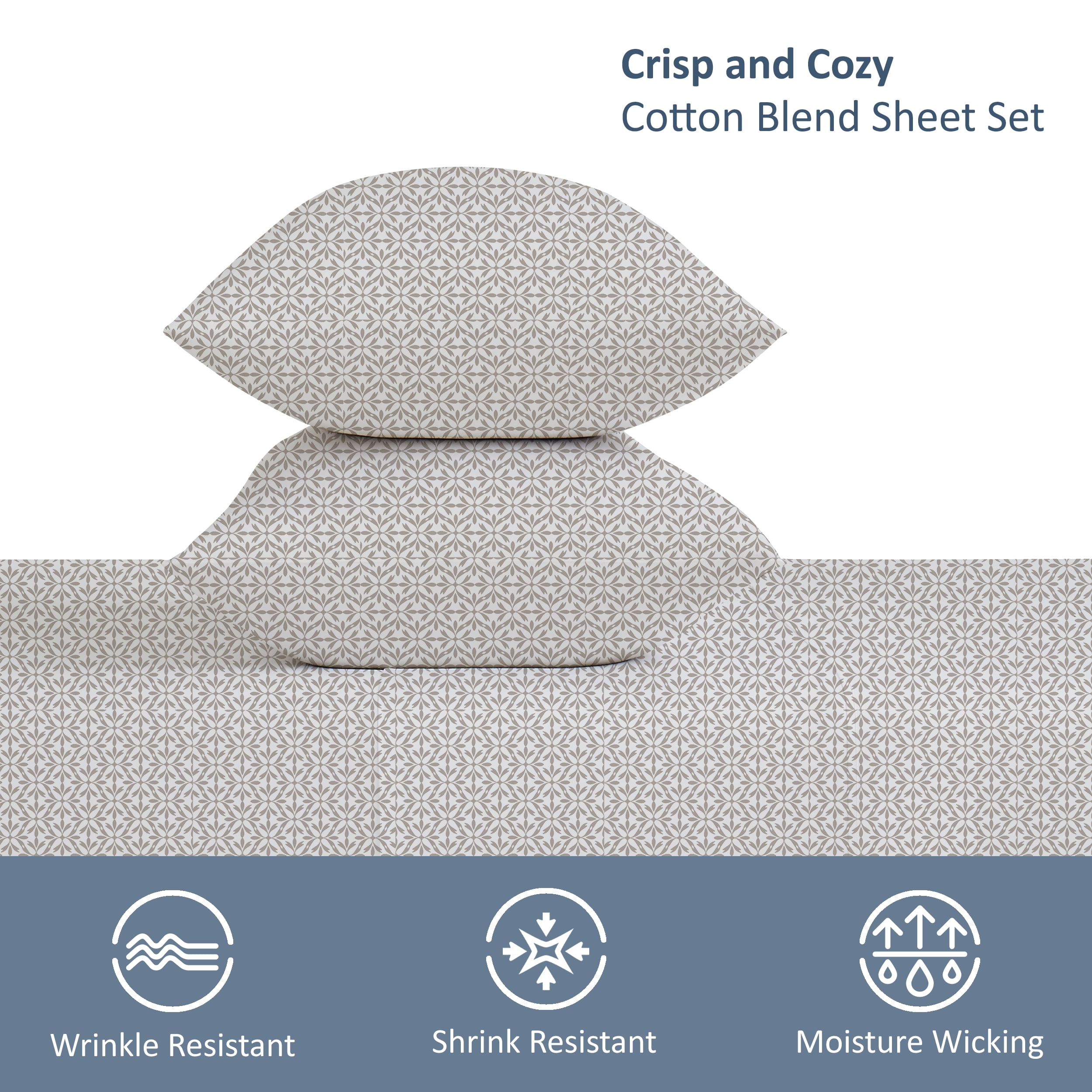 Mainstays 4-Piece 300 Thread Count Grey Flake Cotton Blend Percale Bed Sheet Set, Full