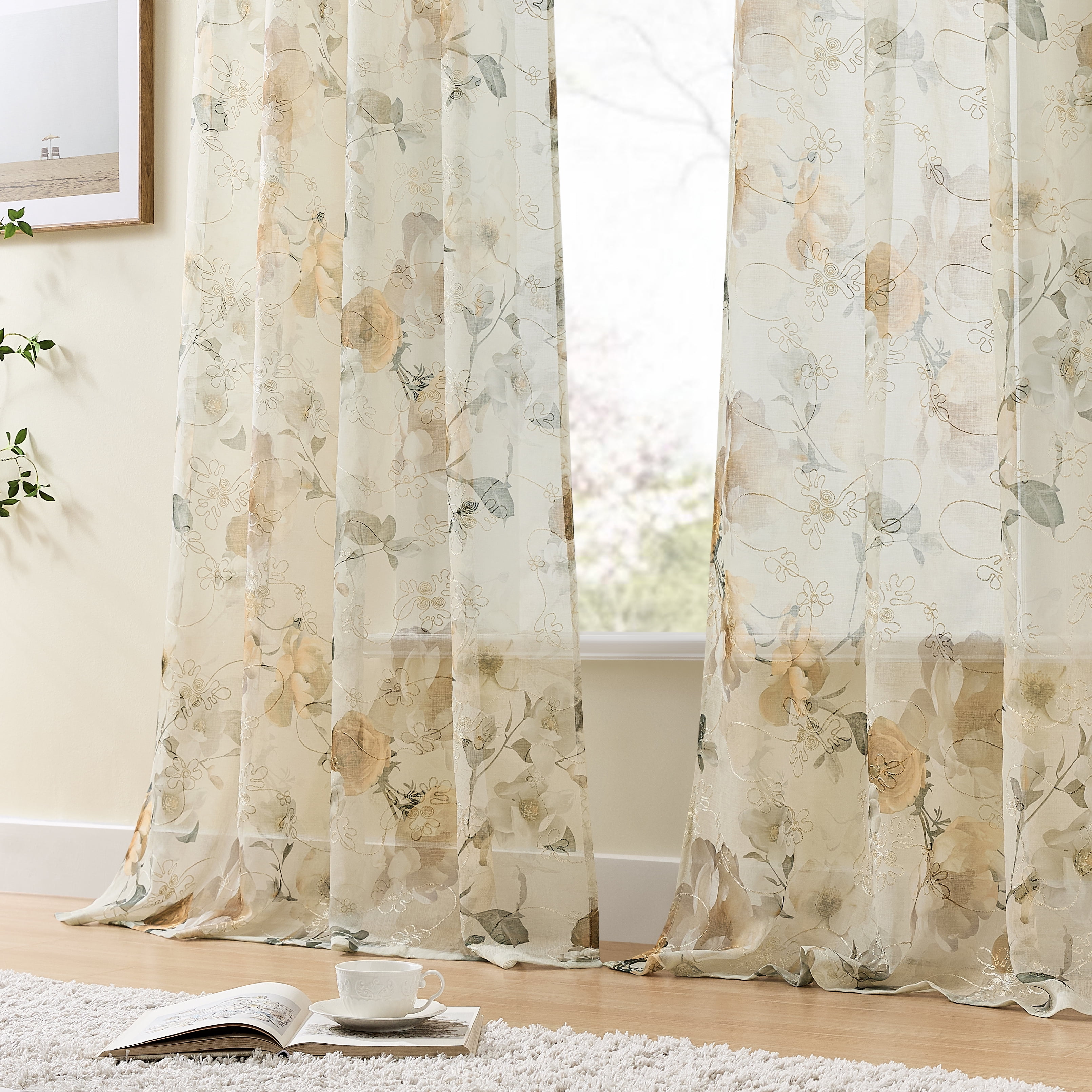 Muuphra Floral Printed&Embroidered Sheer Curtain Rod Pocket Voile curtain for Bedroom Livingroom,2 Panels,Yellow,52×63"