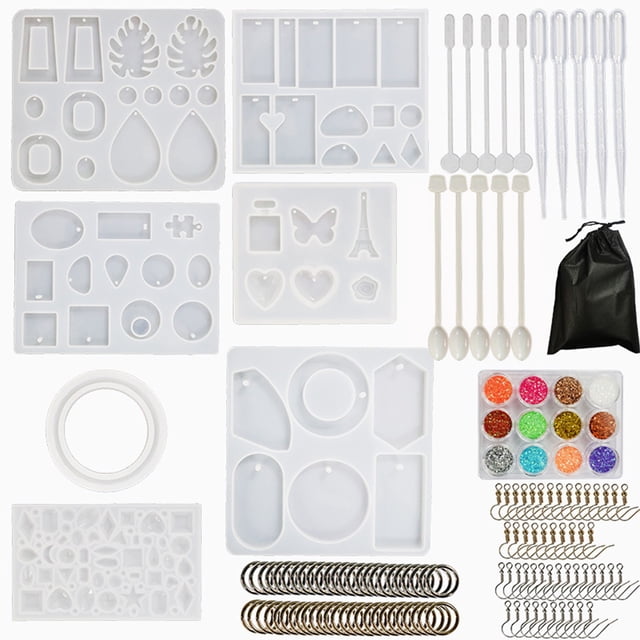 135-Piece DIY Epoxy Resin Craft Kit: 7 Silicone Molds, Gold/Silver Ear Hooks & Closed Rings, Straws, Stirring Rods, Spoons, 12-Color Glitter Set – Flexible, Reusable Molds for Jewelry Making, Home