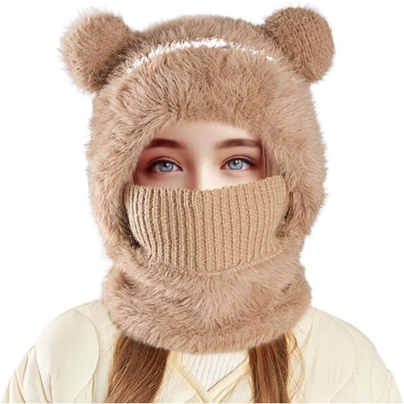 Bear Mask Hat, Love My Bear Hat & Ski Mask,Kids Ski Maska for Girls Boys Winter Windproof Face Mask Hat for Cold Weather,Outdoor Fleece-Lined Warm Knitted Scarf and Hat(coffee)