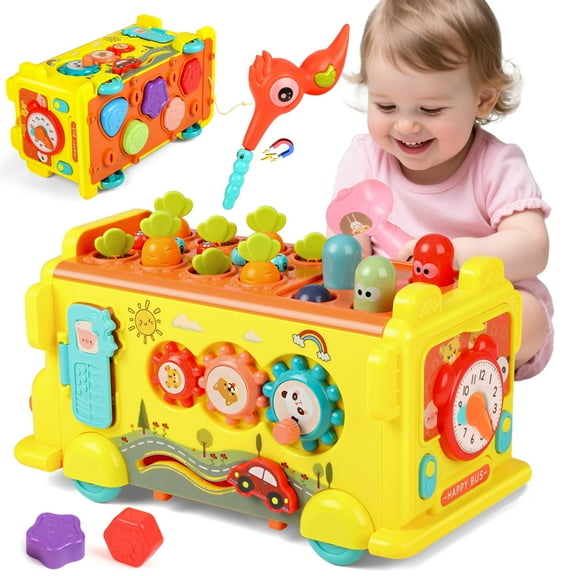 Freecat Baby Montessori Learning Toys, 9.8'' Music Activity Bus Baby Toys, Interactive Game Birthday Gift for Kids Boys Girls 1 2 3 4 Years.