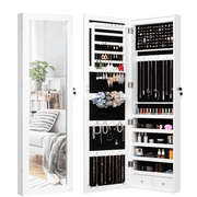 DECOMIL Jewelry Cabinet with Mirror and LED Lights, Lockable, Wall Mount, over the Door, 47 H, MDF, White