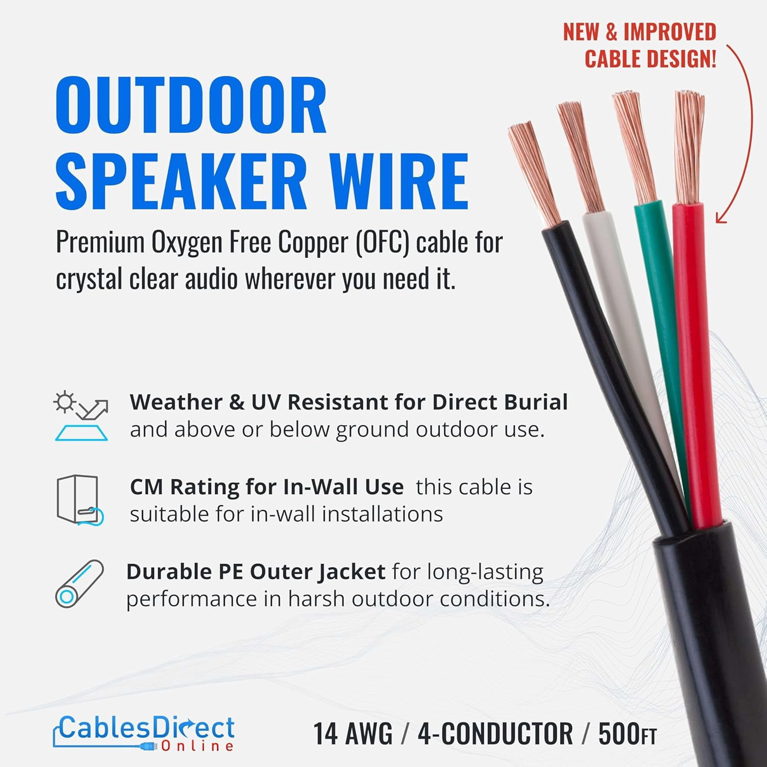 14/4 Outdoor Speaker Wire, Oxygen-Free Copper, Direct Burial, UV and Weather Resistant, CL3 CM Rated, Low Voltage Audio Cable for LED Lighting, Car Audio, Home, Cables Direct Online