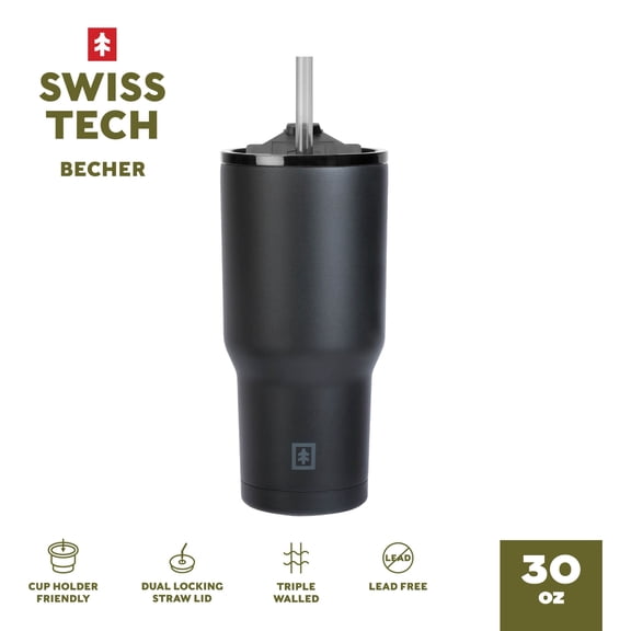 Swiss Tech Becher Black 30oz Water Bottle, Triple-Wall Copper Lined, Leak Proof