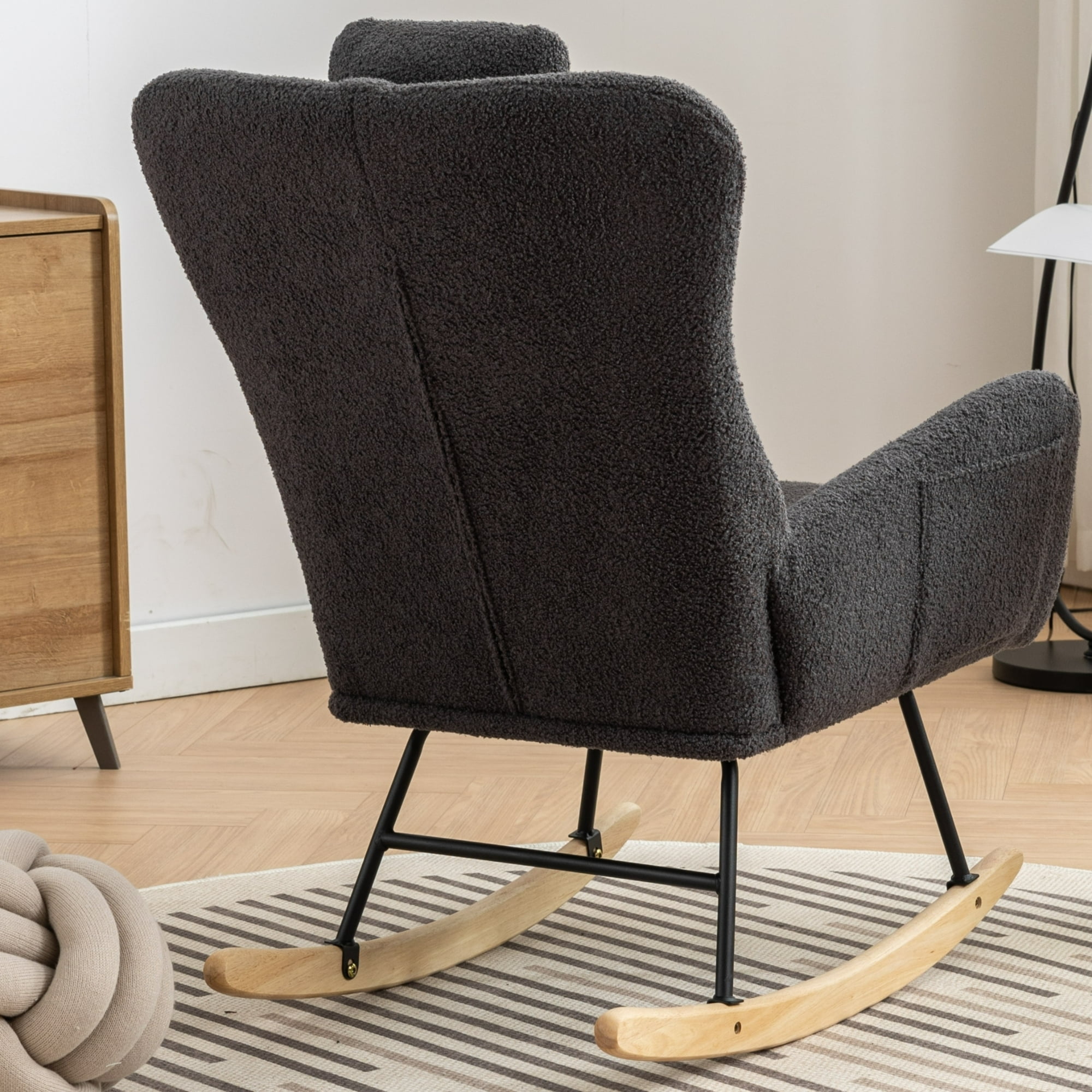 Leumius Nursery Rocking Chair, 35.5" Teddy Fabric Upholstered Glider Rocker with High Backrest, Modern Rocking Accent Chairs Comfy Side Chair for Nursery, Bedroom, Living Room,Dark Gray