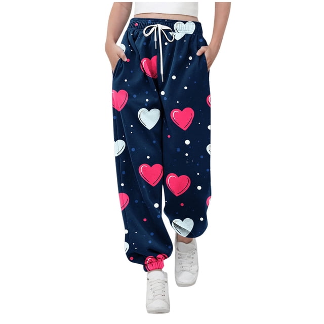 Pantalones largos para niños y niñas con estampado de cintura elástica y cordón con bolsillo, pantalones largos de cintura alta, pantalones de algodón para niña
