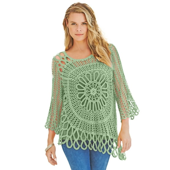 Roaman's Women's Plus Size Crochet Sweater With Starburst Pattern