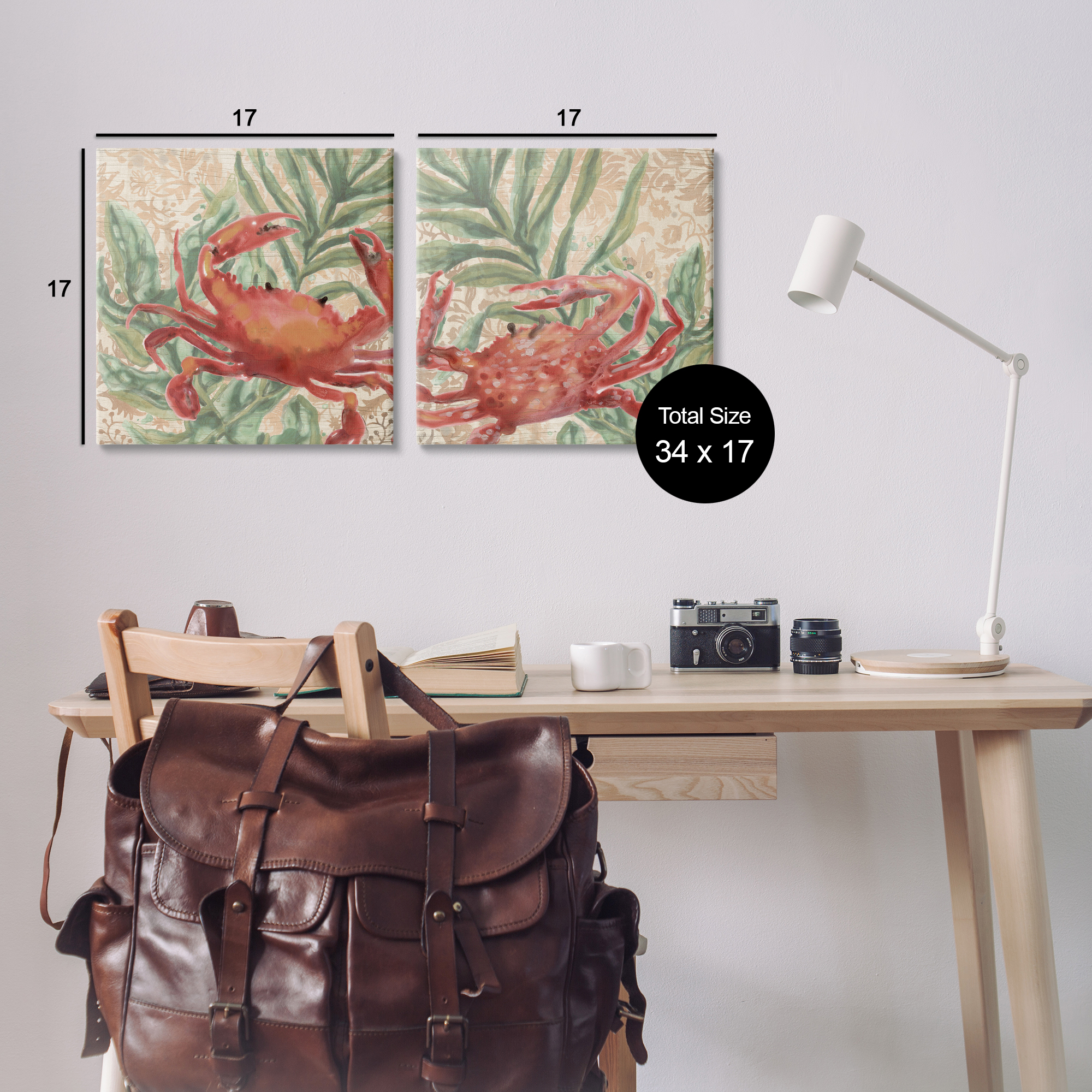 Stupell Industries Red Crab & Seaweed Animals Painting Wrapped Canvas Art Print Wall Art, 17 x 17, Set of 2