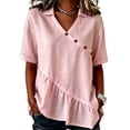 thumbnail image 3 of VBVC Women's Collared V-Neck Tunic Blouse, Ladies' Asymmetrical Button Ruffle Hem Shirt,Summer Short Sleeve Top For Women,Pink,S-2XL, 3 of 6