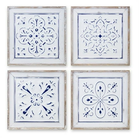 Melrose International Ceiling Tile Plaque (Set of 4) 10.5"SQ Iron/Wood