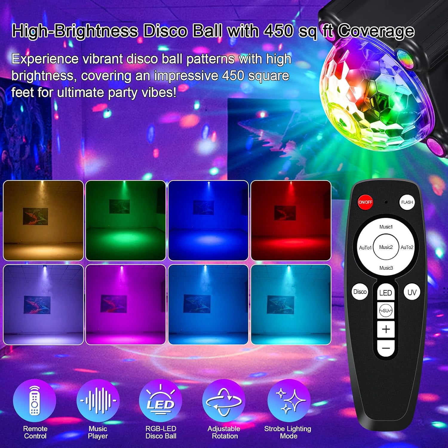 Sound Activated Disco Party Lights, DJ Ball Light with Remote, Strobe Stage Lighting Lamp for Indoor Outdoor Home Room Dance Birthday Karaoke Halloween Christmas Show Club Decoration