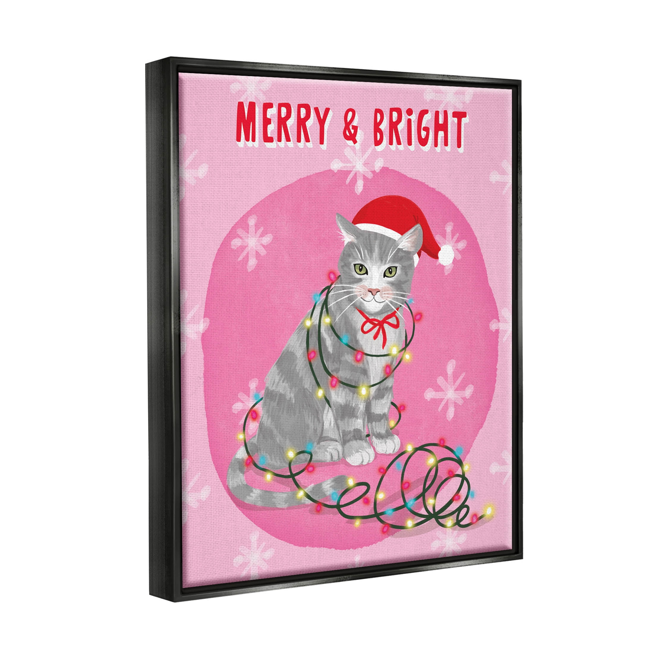 Stupell Industries Merry & Bright Christmas Cat Lights Graphic Art Jet Black Floating Framed Canvas Print Wall Art, Design by Be Ni La